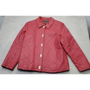 Dialogue Leather Jacket Women Large Red Diamond Stitch Collared Turn Lock Button
